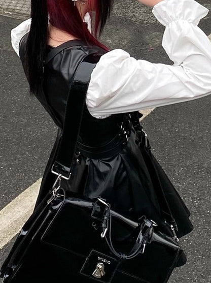 Lace-up Candy Sleeve White Dress + Belt Buckle With Front Button Leather a Line Overall Skirt