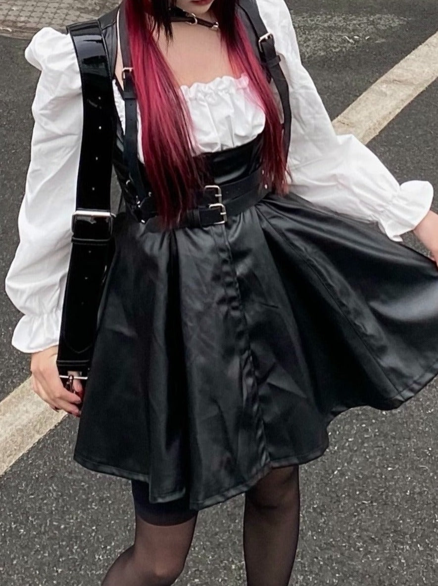 Lace-up Candy Sleeve White Dress + Belt Buckle With Front Button Leather a Line Overall Skirt