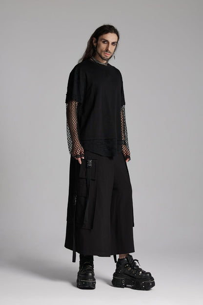 Black Round Collar Long Sleeves Mesh Ripped Punk T-shirt