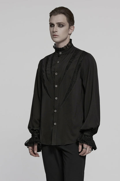 Black Stand Collar Long Puff Sleeves Stitching Lace Gothic Blouse