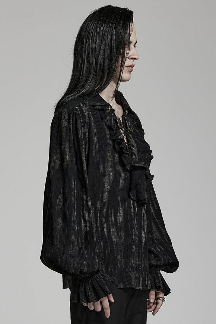 Jacquard V Collar Lantern Sleeves Print Ruffle Gothic Blouse 2 Colors