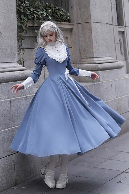 Blue Nun Style Stand Collar Long Sleeves Ruffle Bowknot Classic Lolita Dress