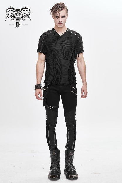 Black Tattered Striped Shoulder Splice Mesh Short Sleeve Punk T-shirt
