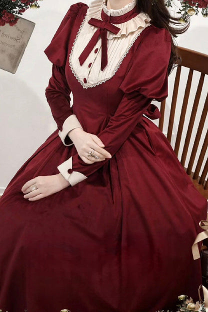 Wine Red [new Year] Stand Collar Long Sleeves Ruffled Bow Classic Lolita Dress