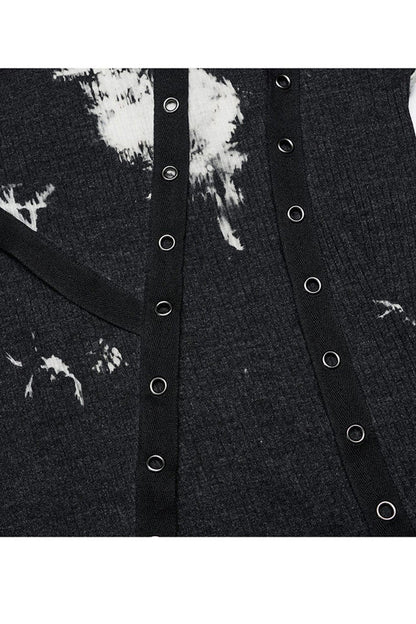 Black/white Punk Asymmetric Metal Buckle Side Button Tie Dye High Neck Basic Long Sleeve Shirt