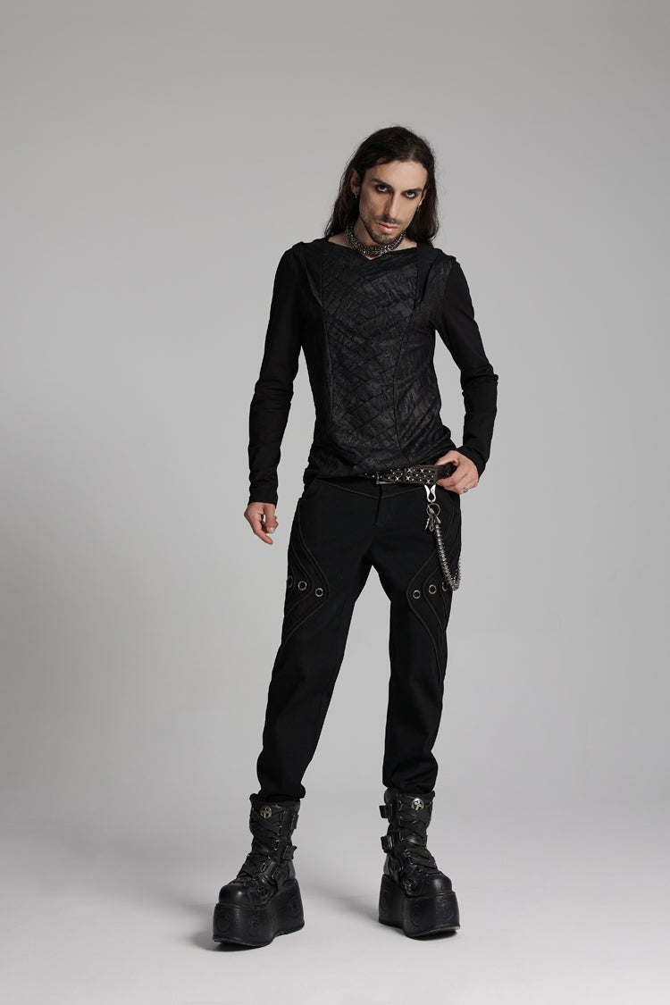 Black V Collar Long Sleeves Hooded Overlaping Mesh Punk T-shirt