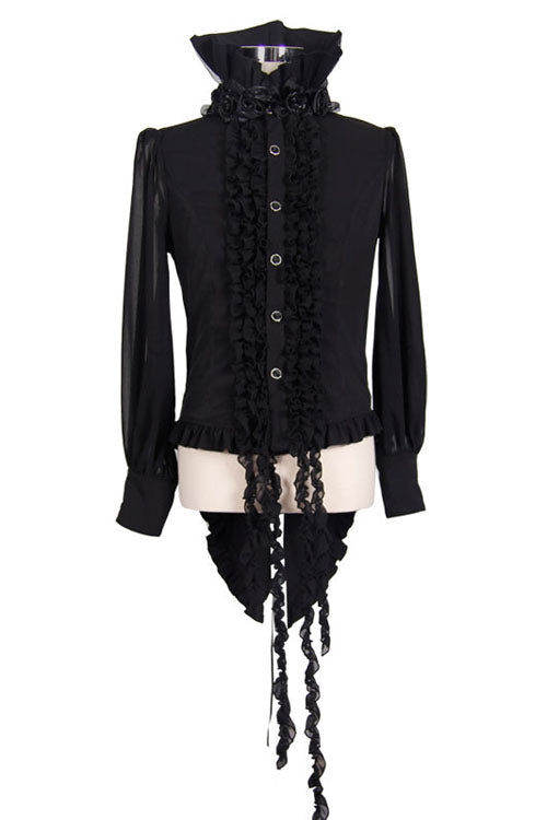 Black High Collar Lace Up Dovetail Hem Gothic Blouse