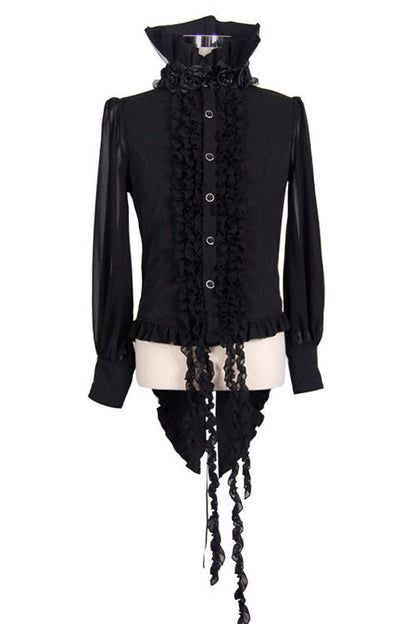 Black High Collar Lace Up Dovetail Hem Gothic Blouse