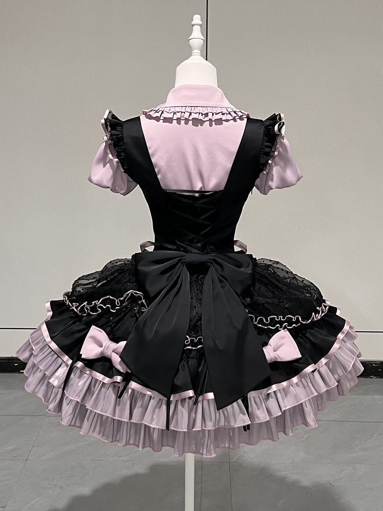 [order Deadline: May 12] Black Purple Lolita Idol Ribbon Puff Sleeve Shirt + Corset Tulle Pull-up Jks Dress Set