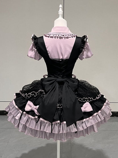 [order Deadline: May 12] Black Purple Lolita Idol Ribbon Puff Sleeve Shirt + Corset Tulle Pull-up Jks Dress Set