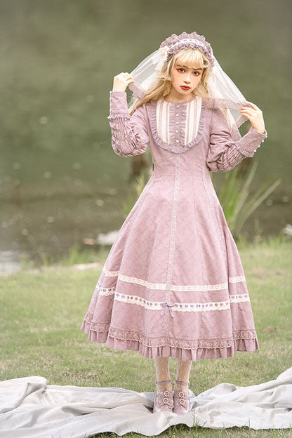 Purple Cross Dark Church Lace Long Sleeves Ruffled Classic Lolita Op Dress