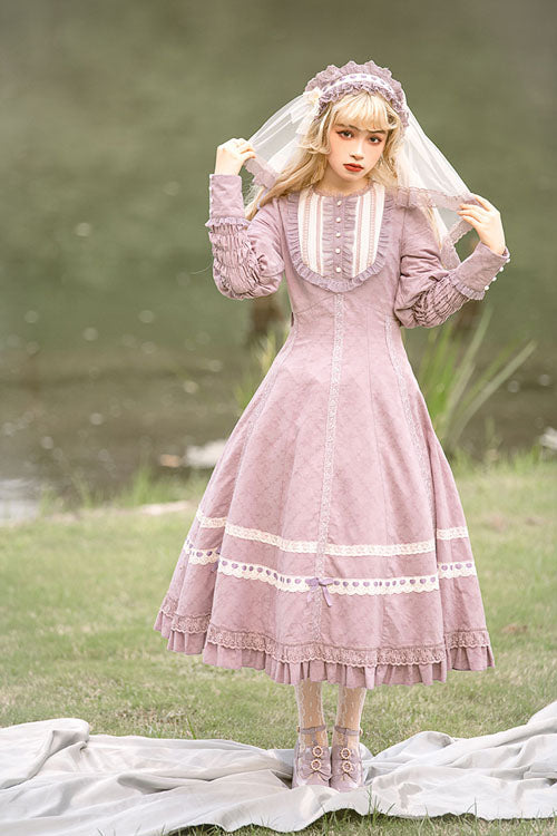 Purple Cross Dark Church Lace Long Sleeves Ruffled Classic Lolita Op Dress