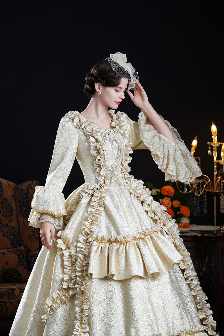 Champagne Square Collar Long Trumpet Sleeves Double-layered Ruffled Open-front Classic Palace Lolita Victorian Dress
