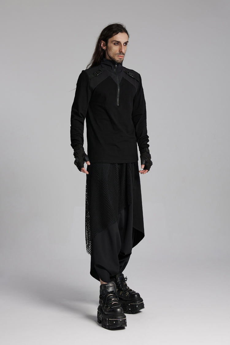 Black Stand Collar Long Sleeves Techwear Bucket-up Zip Punk T-shirt