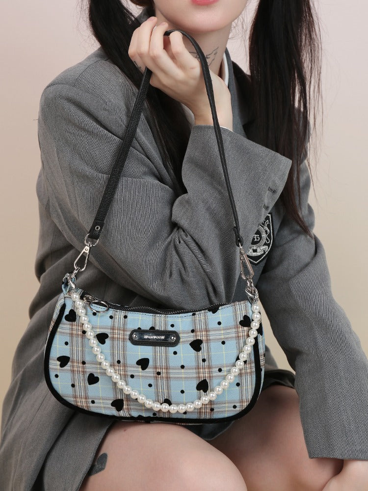 American Retro Sweet Cool Love Plaid Pearl Handle Shoulder Bag