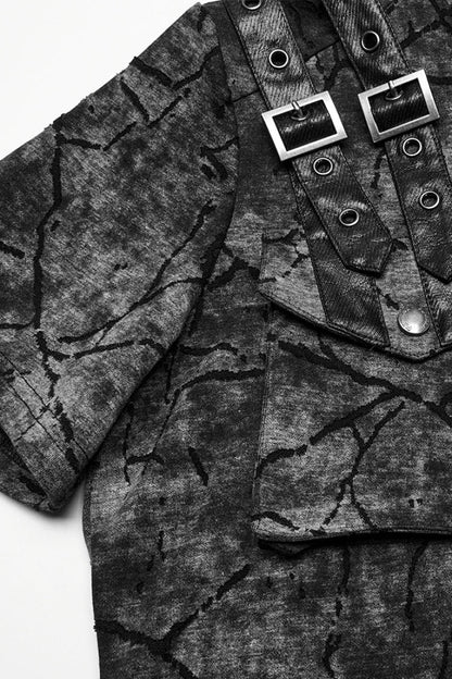 Grey Short Sleeves Big-pocket Tie-dyed Hooded Punk T-shirt