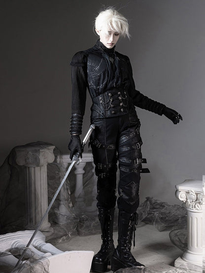 [pre-order Deadline: June 8] Phantom Knight Dark Gothic Prince Waist Button Detail Black Top