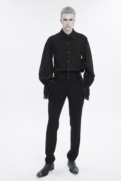 Black Lapel Collar Puff Sleeved Lace Hem Gothic Shirt