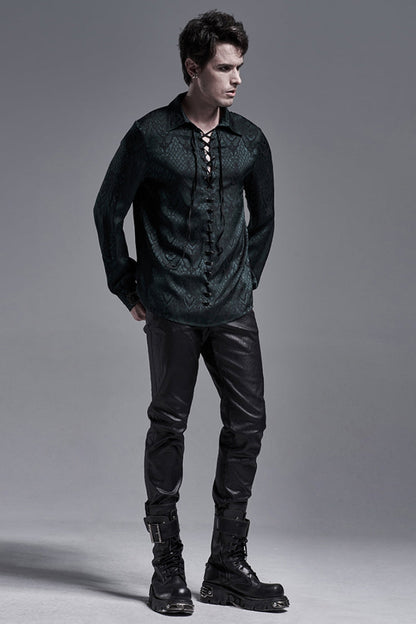 Jacquard Long Sleeve Front Metal Eyelets Lace Up Metal Carving Buckle Cuff Gothic Shirt 3 Colors