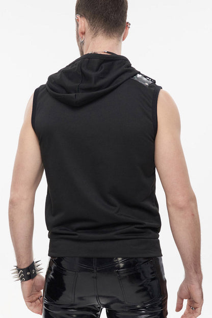 Black Punk Metal Skull Patent Leather Bullet Clip Textured Zip Hooded Sleeveless T-shirt