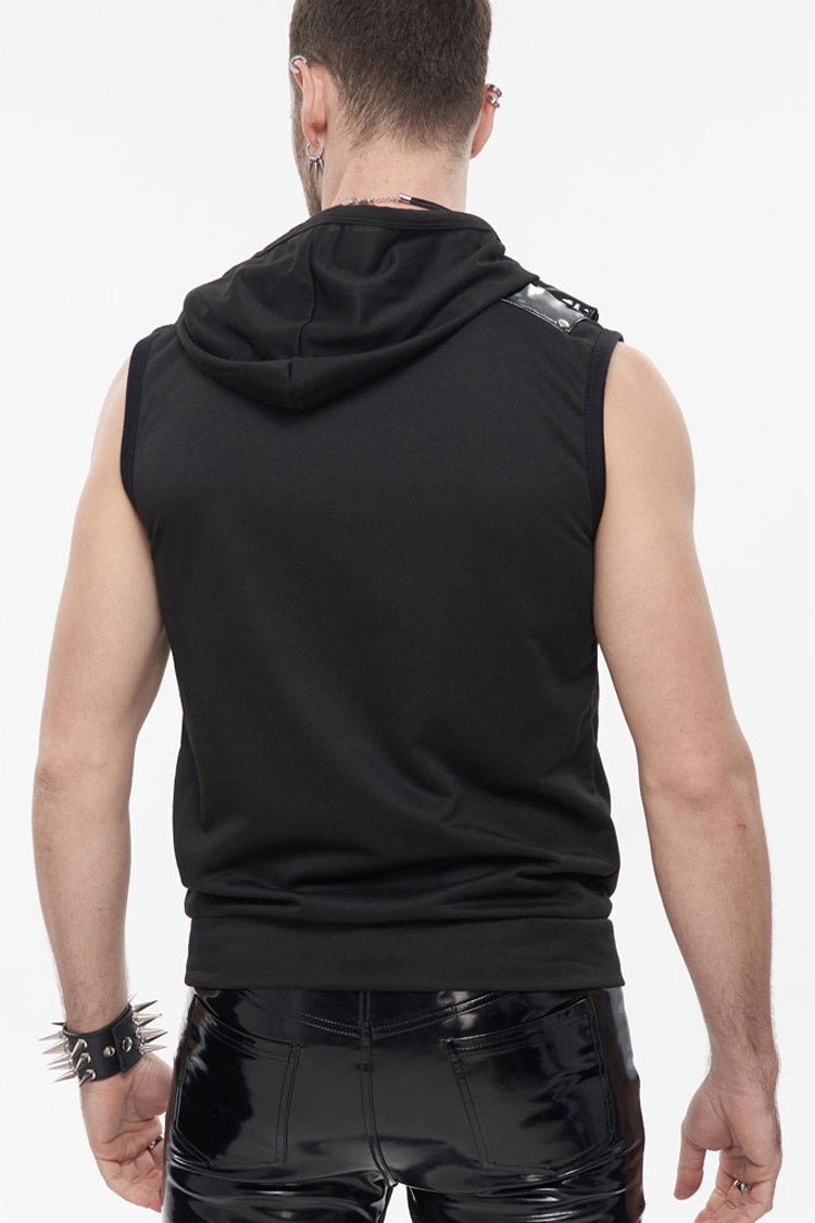 Black Punk Metal Skull Patent Leather Bullet Clip Textured Zip Hooded Sleeveless T-shirt