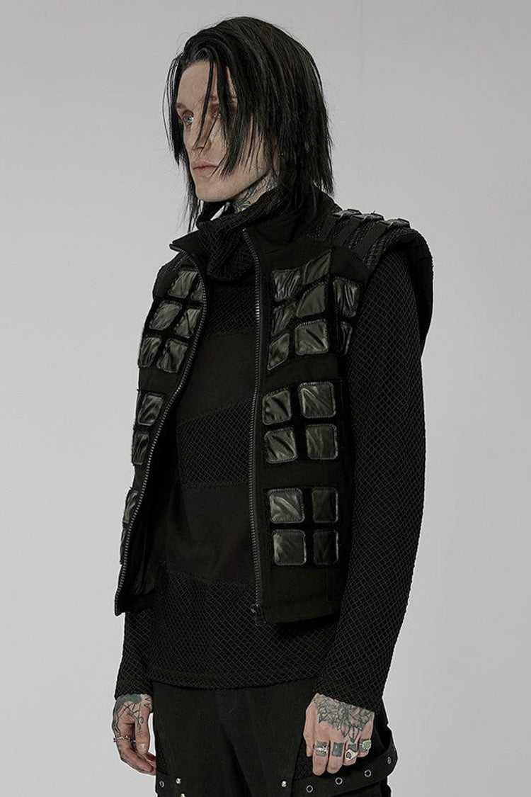 Black Punk High Collar Front Geometric Patterns Splicing Design Shoulder Padded Webbing Buckle Twill Vest