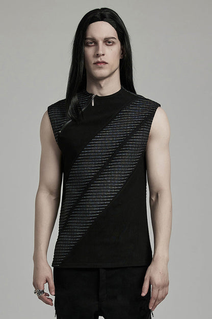 Black Sleeveless Print Asymmetric Zipper Punk Tank Top