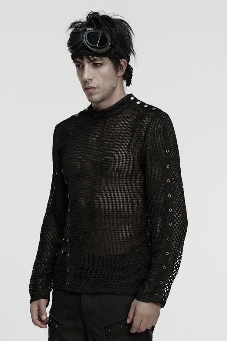 Black Long Sleeves Mesh Eyelet Punk T-shirt