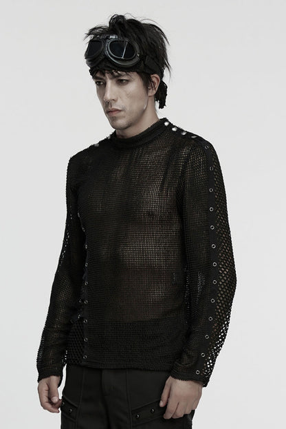 Black Long Sleeves Mesh Eyelet Punk T-shirt