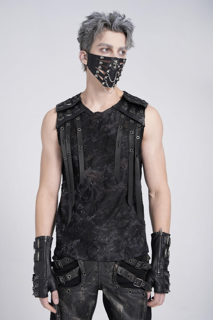 Black Sleeveless Eyelet Strap Distressed Gothic Vest