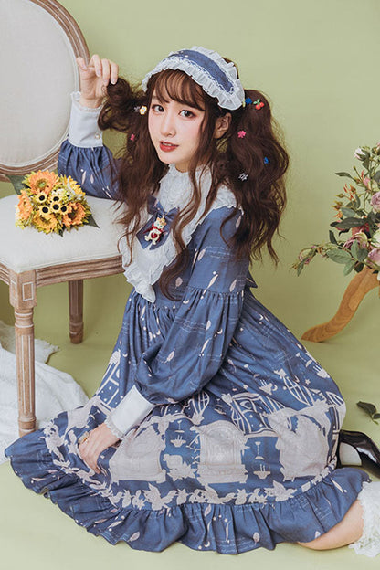 Dark Blue Classical Alarm Clock Print Long Sleeve Bowknot Sweet Lolita Op Dress