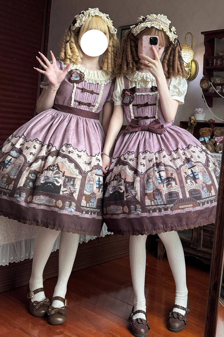 Pink/purple Short Sleeves Bear Print Bowknot Classic Lolita Dress
