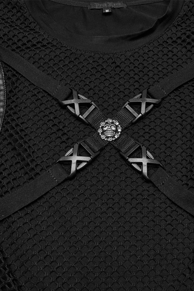 Black Round Collar Sleeveless Stitching Mesh Buckle Punk Vest