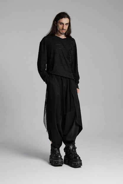 Black Round Collar Long Sleeves Ripped Mesh Punk T-shirt