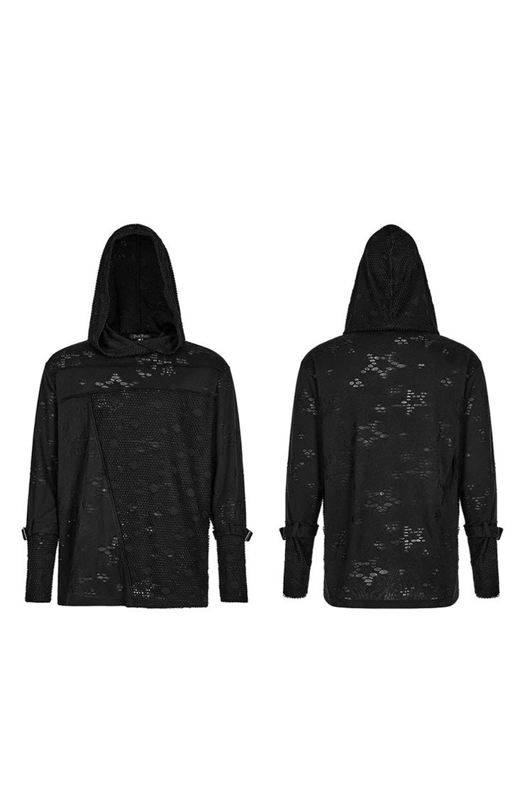 Black Punk Ripped Knit Mesh Surface Splicing Detachable Ring Sleeve Webbing Hooded T-shirt