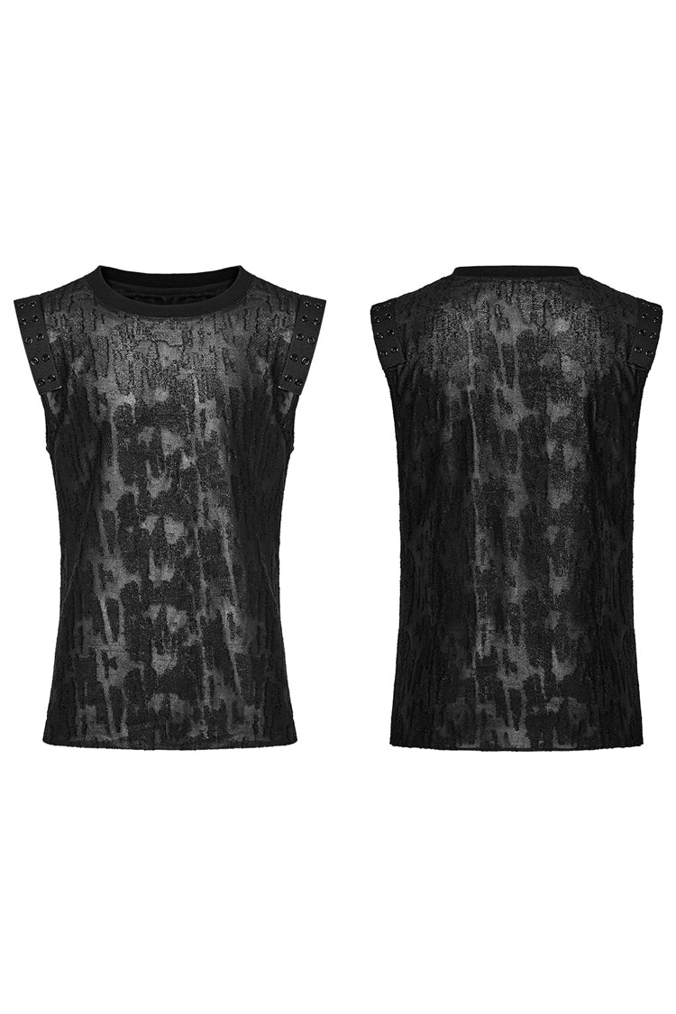 Black Round Collar Sleeveless Print Ripped Distressed Eyelet Gothic Tank Top