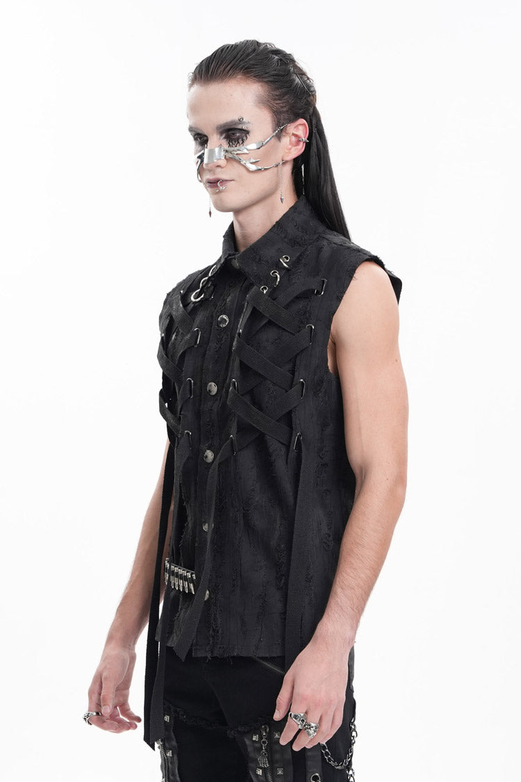 Black Lapel Collar Sleeveless Lace-up Ripped Ring Gothic Vest