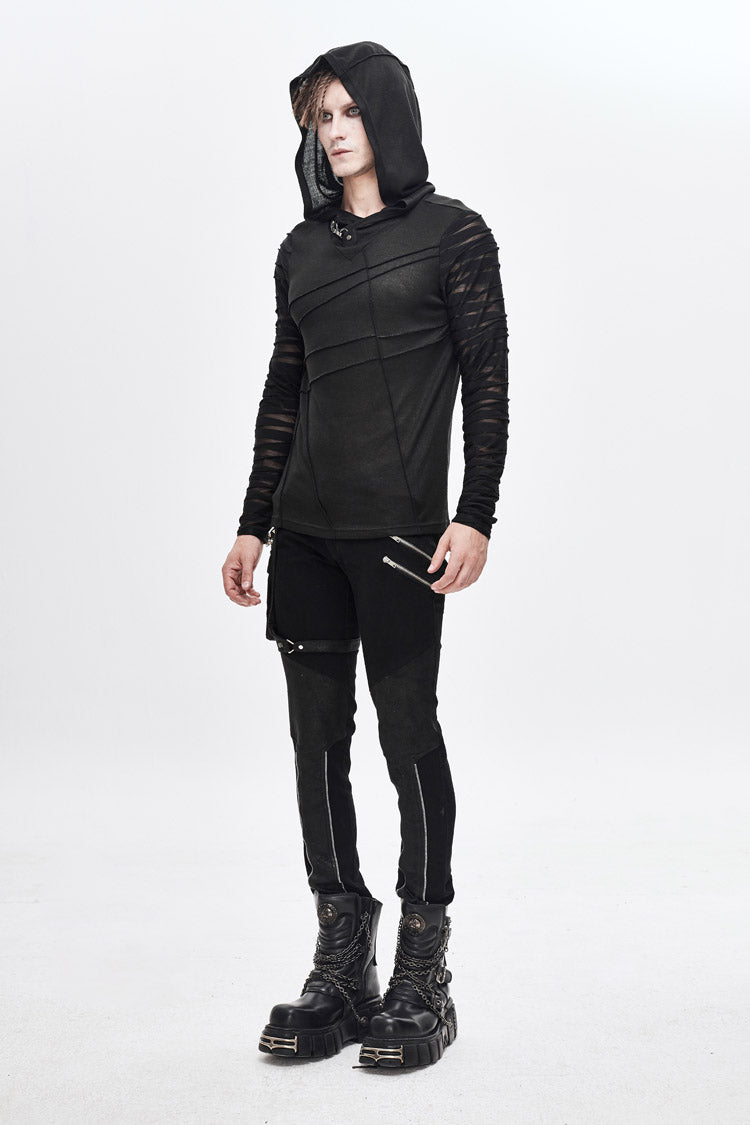 Black Collar Metal Button Irregular Striped Patchwork Bandage Hooded Punk T-shirt