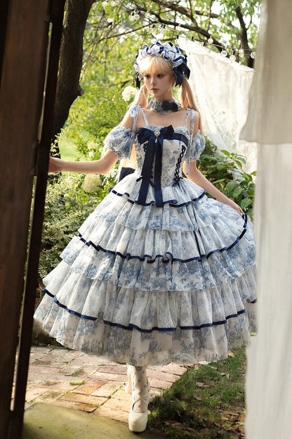 Blue/white Sleeveless Multi-layered Print Bowknot Fishbone Sweet Classic Chinese Style Lolita Jsk Long Dress