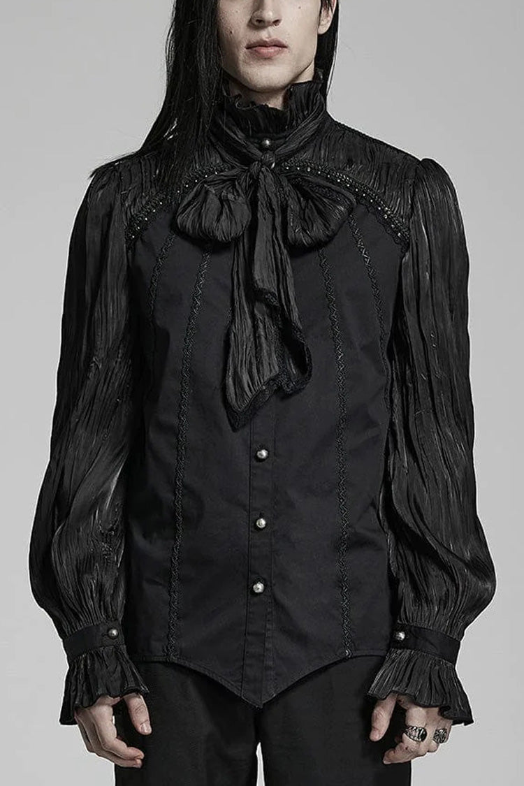 Black Stand Collar Ruched Stitching Lace Gothic Blouse With Scarf