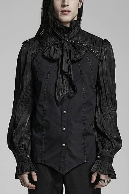 Black Stand Collar Ruched Stitching Lace Gothic Blouse With Scarf