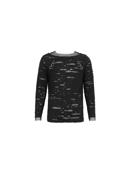 Black Diamond Mesh Irregular Hole Long-sleeved Punk T-shirt