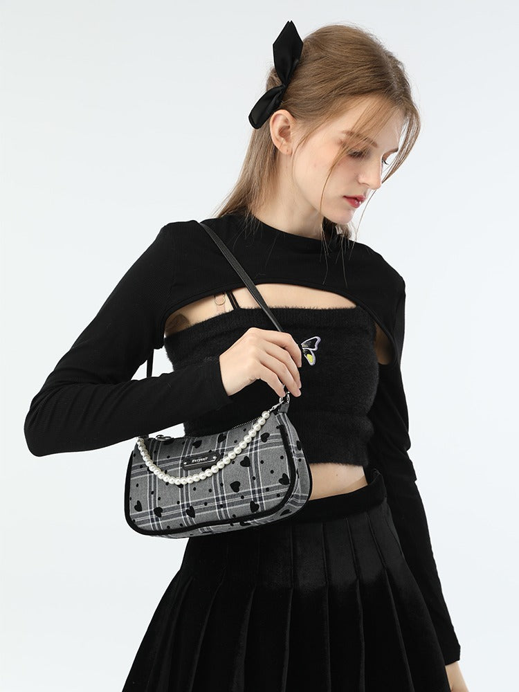 American Retro Sweet Cool Love Plaid Pearl Handle Shoulder Bag