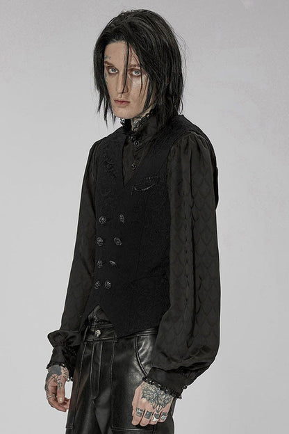 Black Punk V Neck Asymmetrical Relief Sculpture Jacquard Double Row Hand Seam Button Vest
