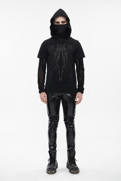 Black Paneled Mesh Long Sleeve Super High Collar Masked Circuit Diagram Printed Hooded Knitted Punk T-shirt