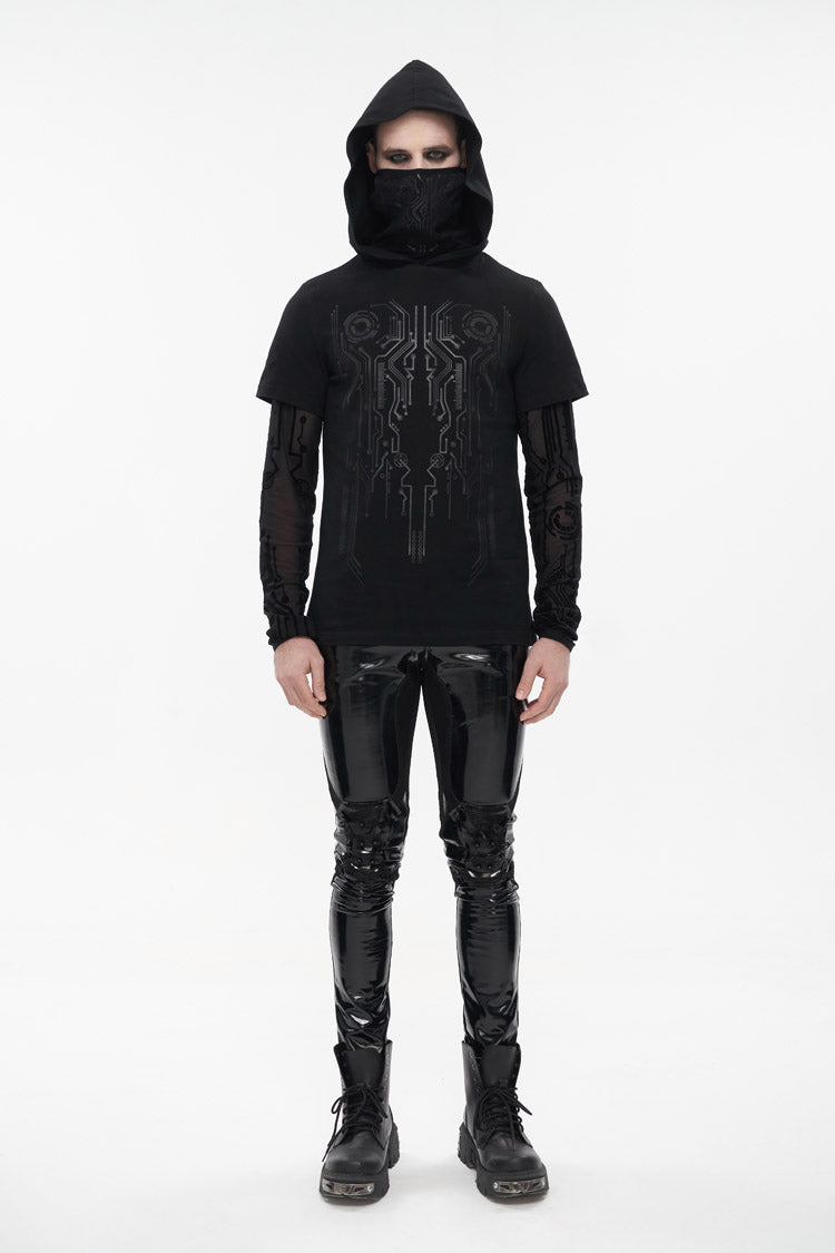 Black Paneled Mesh Long Sleeve Super High Collar Masked Circuit Diagram Printed Hooded Knitted Punk T-shirt