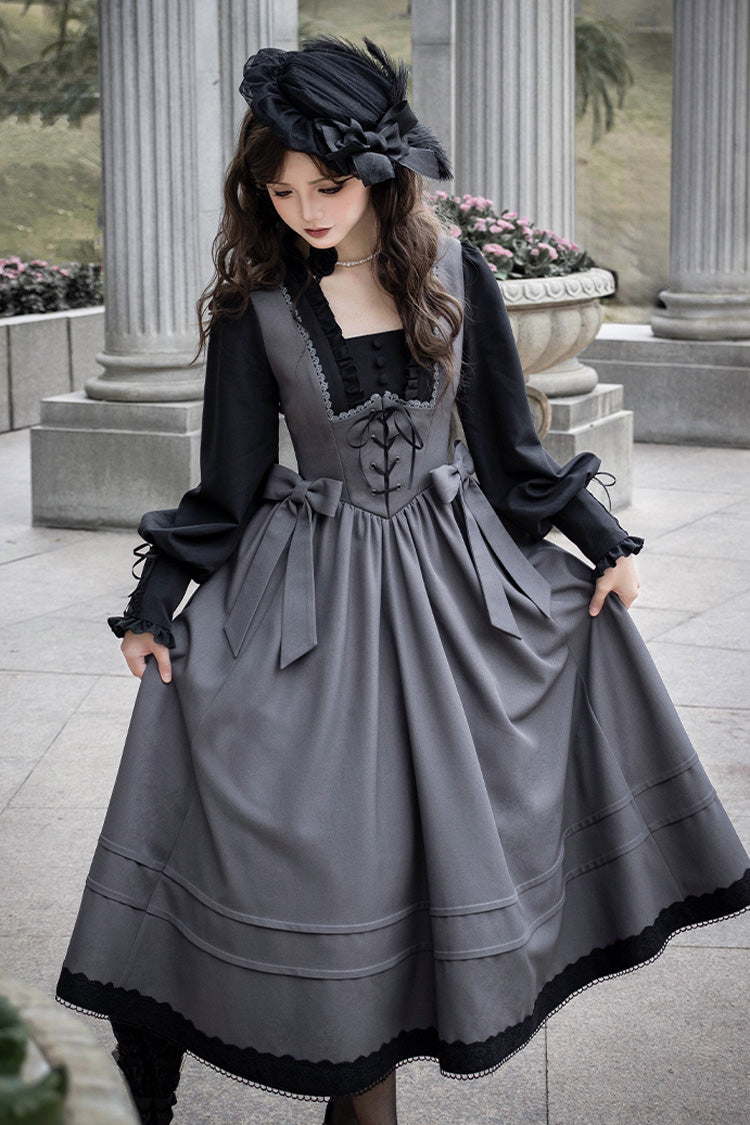 Grey [mist Chronicle] Square Collar Long Sleeves Bowknot Lace-up Color-block Fake Two Pieces Classic Lolita Dress