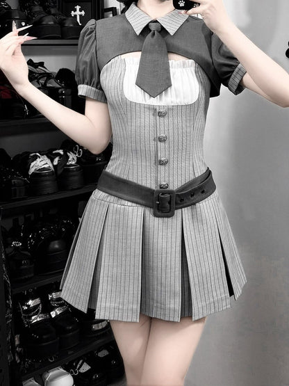 [pre-order Deadline: April 15] Gray Pinstripe Tie Collar Short Jacket Dress Full Set + Jewel Casquette