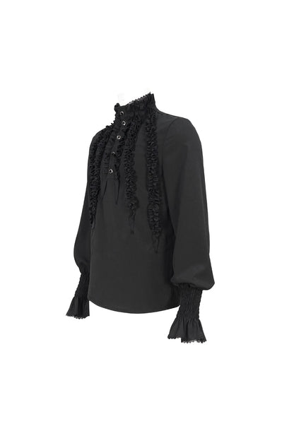 Black Irregular Stand Collar Puff Sleeved Ruffled Gothic Shirt