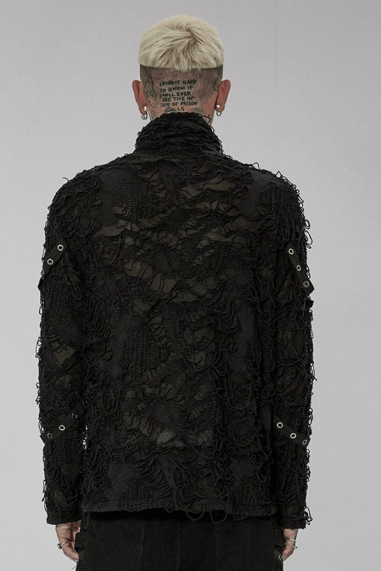 Black High Collar Stitching Ripped Steampunk Blouse
